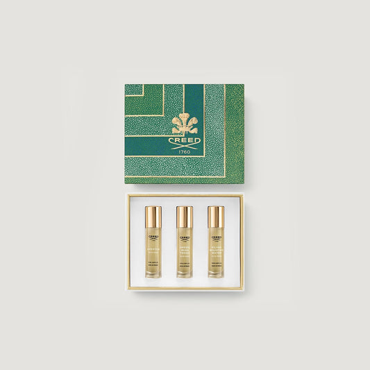 Green Shagreen Men's 3-Piece Gift Set, Aventus, Green Irish Tweed & Silver Mountain Water - Flat Lay | Creed Fragrances