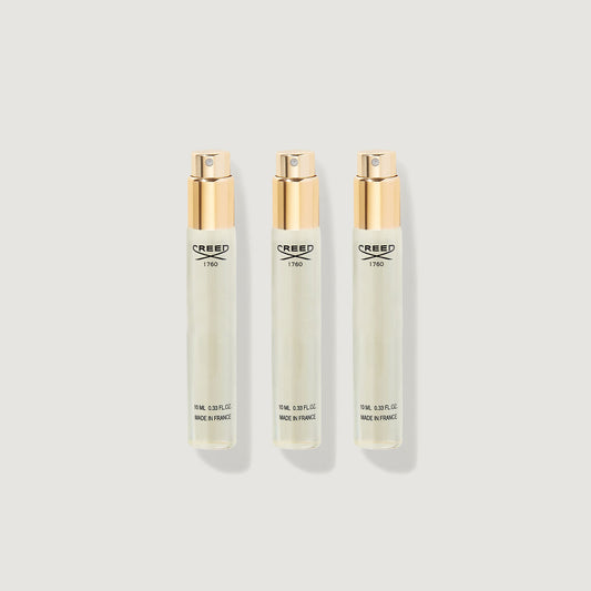 Three Glass 10ml Atomiser Refill Vials with Gold Caps - Front View | Creed Fragrances