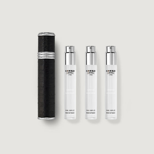 Black Leather Aventus Travel Atomiser with Three 10ml Refills - Flat Lay | Creed Fragrances