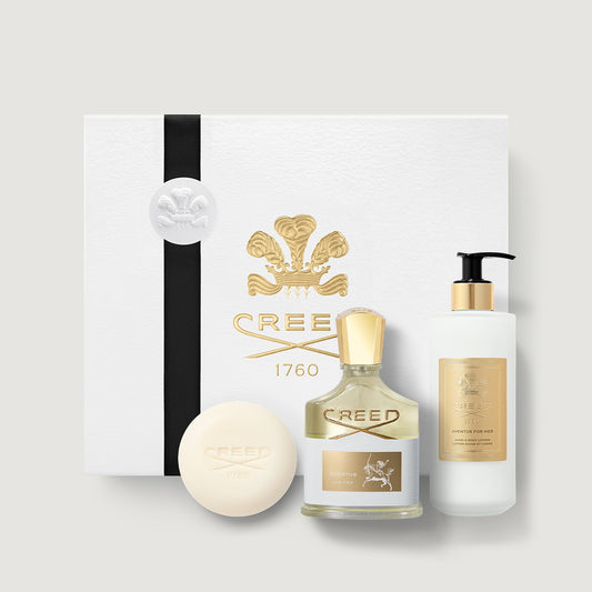 Aventus For Her Perfume Gift Set - 75ml EDP, Soap & Body Lotion - Flat Lay | Creed Fragrances