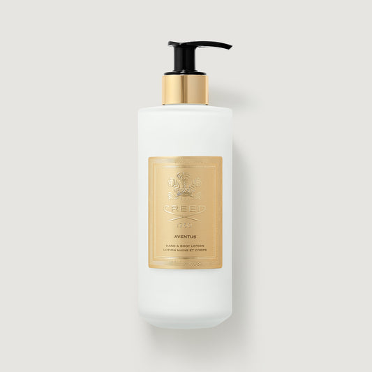 White & Gold Aventus Hand & Body Lotion Pump Bottle - Front View | Creed Fragrances
