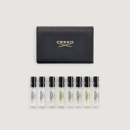 Black Saffiano Leather Sample Wallet with 8 Men's Fragrance Vials - Flat Lay | Creed Fragrances