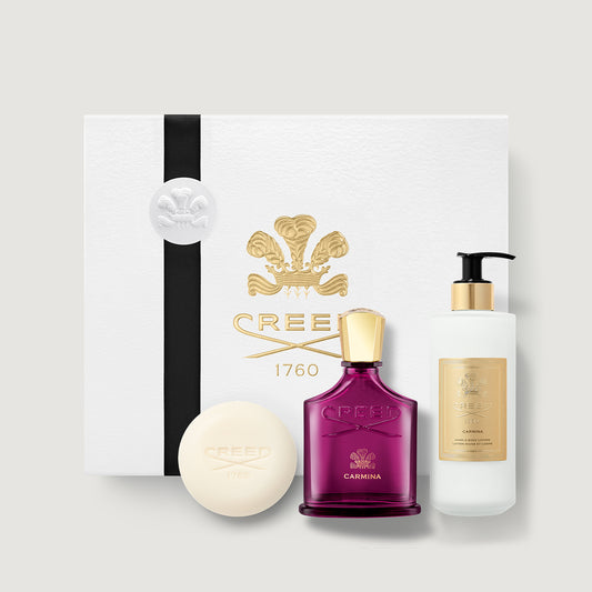 Creed Carmina Bath & Body Gift Set - Perfume, Soap & Hand Lotion - Flat Lay | Creed Fragrances