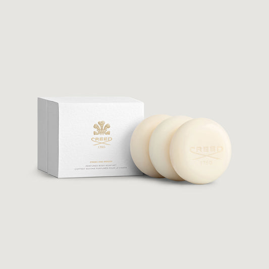Ivory Fresh & Woody Perfumed Soap Gift Set, three embossed bars with white gift box - Front View | Creed Fragrances