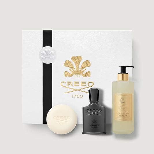 Green Irish Tweed Grooming Gift Set with Eau de Parfum, Soap & Hand Body Wash - Flat Lay | Creed Fragrances