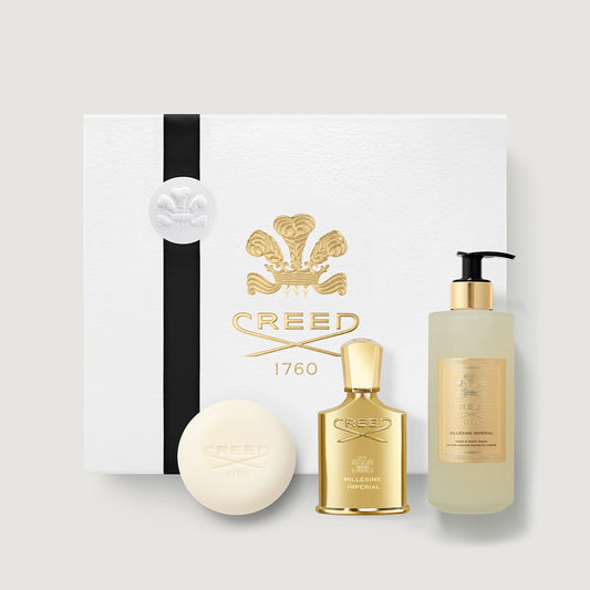 Millésime Impérial Grooming Gift Set with gold flacon, soap & body wash - Flat Lay | Creed Fragrances