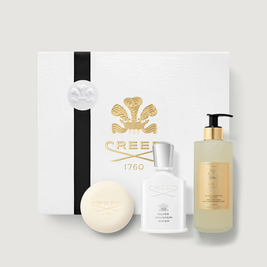 Silver Mountain Water Grooming Gift Set with EDP, Soap & Body Wash - Flat Lay | Creed Fragrances