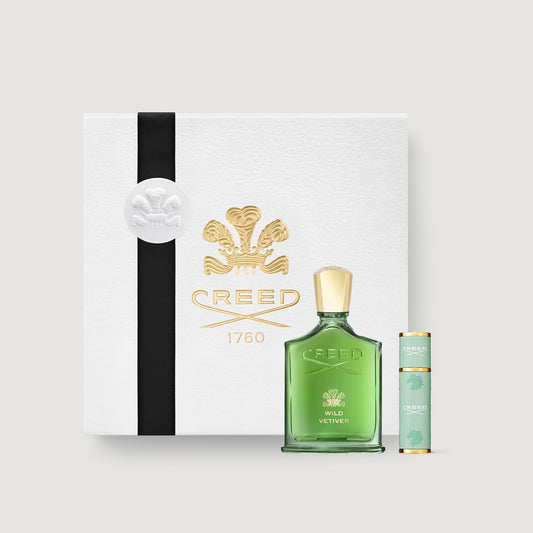 Wild Vetiver Gift Set - 100ml Green Bottle & Celadon Atomiser with Black Ribbon Box - Front View | Creed Fragrances