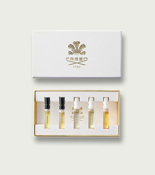 Amber Inspiration Sample Set in white gold gift box - Flat Lay | Creed Fragrances