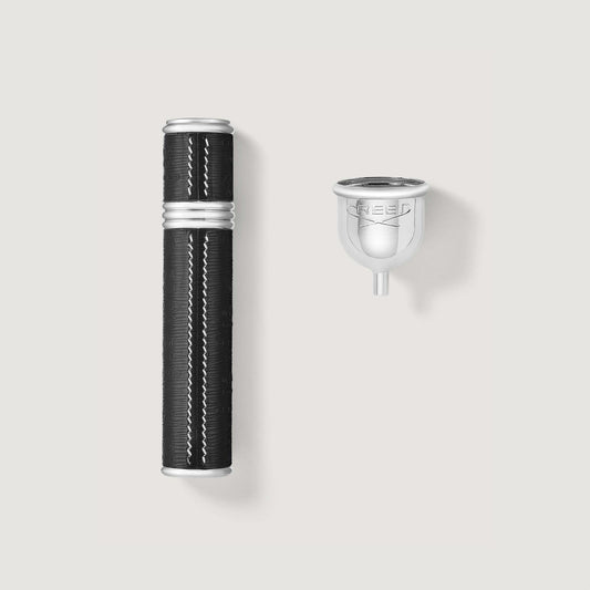 Black Leather & Silver 10ml Refillable Travel Perfume Atomiser with Funnel - Flat Lay | Creed Fragrances