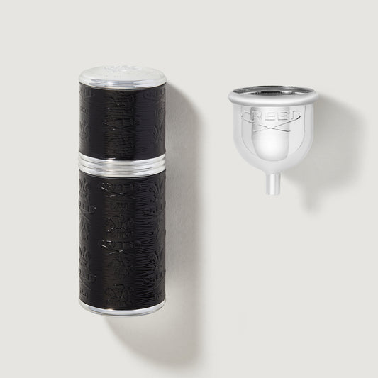 Black Silver 50ml Refillable Travel Perfume Atomiser with Funnel - Front View | Creed Fragrances