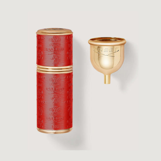 Red & Gold Refillable 50ml Travel Perfume Atomiser with Gold Filling Funnel - Front View | Creed Fragrances