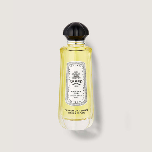Birmanie Oud Room Spray 150ml glass bottle, amber liquid, black cap - Front View | Creed Fragrances